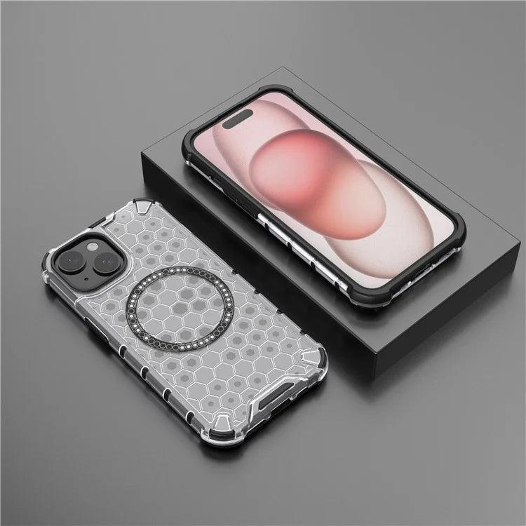 For iPhone 15 Case Honeycomb Design Magnetic TPU+PC Phone Cover