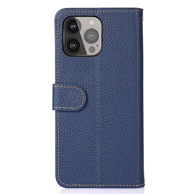 KHAZNEH For iPhone 16 Pro Max Case Litchi Texture Genuine Cow Leather Folio Cover with Card Holder
