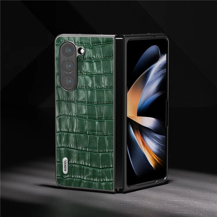 ABEEL For Samsung Galaxy Z Fold6 5G Case Crocodile Texture Genuine Cow Leather+PC Phone Cover