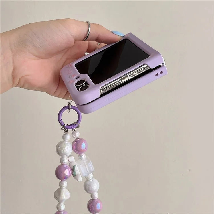 For Samsung Galaxy Z Flip5 5G Case Purple Floral Hard PC Phone Cover with Chain