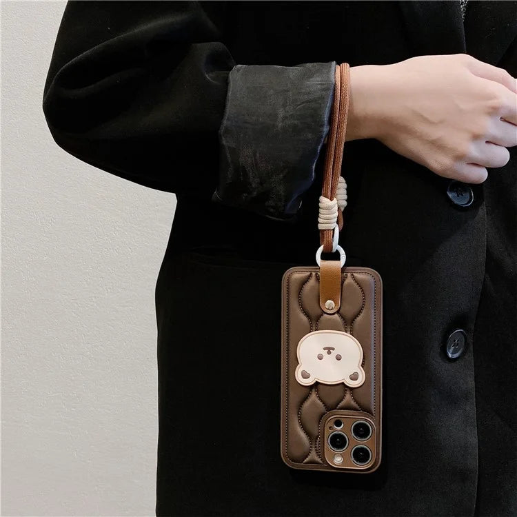 For iPhone 15 Pro Case Cute Bear Down Jacket Design Leather+TPU Phone Cover with Wrist Strap