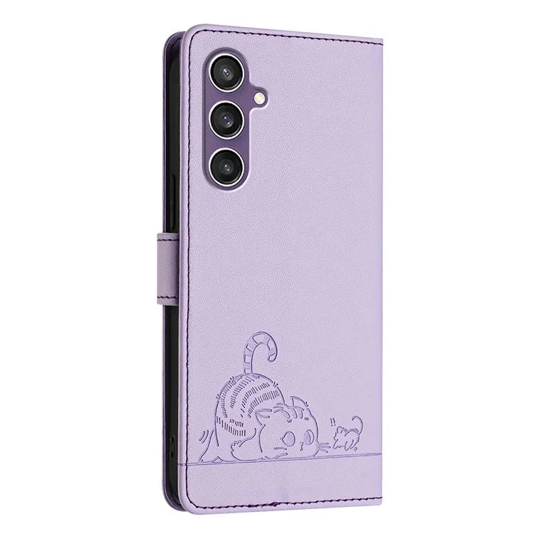 YB Imprinting Series-9 for Samsung Galaxy S23 FE Case RFID Blocking Cat Mouse Pattern Handbag Leather Phone Cover