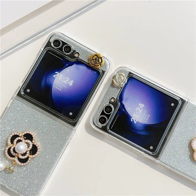 For Samsung Galaxy Z Flip5 5G Case Pearl Pendant Camellia Decor PC Phone Cover with Glitter Paper