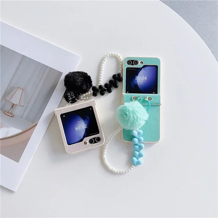 For Samsung Galaxy Z Flip5 5G Case Crazy Horse Texture PU+PC Phone Cover with Pompom Pearl Chain