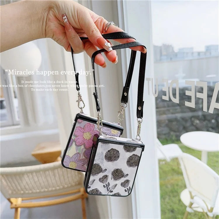For Samsung Galaxy Z Flip5 5G Case Retro Flower Lacquered PU Leather+PC Phone Cover with 2 Straps