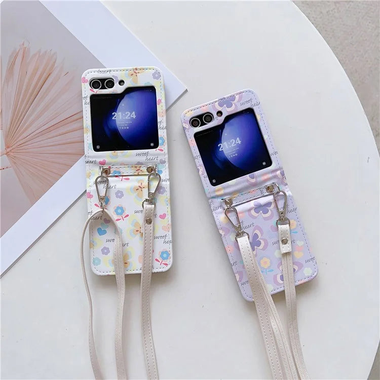 For Samsung Galaxy Z Flip5 5G Folding Phone Case Butterfly Pattern Leather+PC Cover with Crossbody Strap