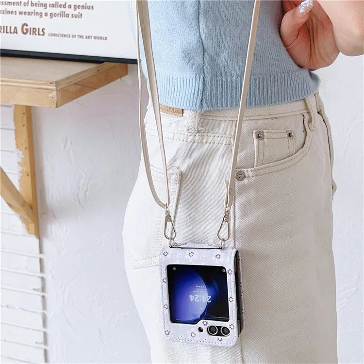 For Samsung Galaxy Z Flip5 5G Case Flower Pattern Leather+PC Folding Phone Cover with Crossbody Strap