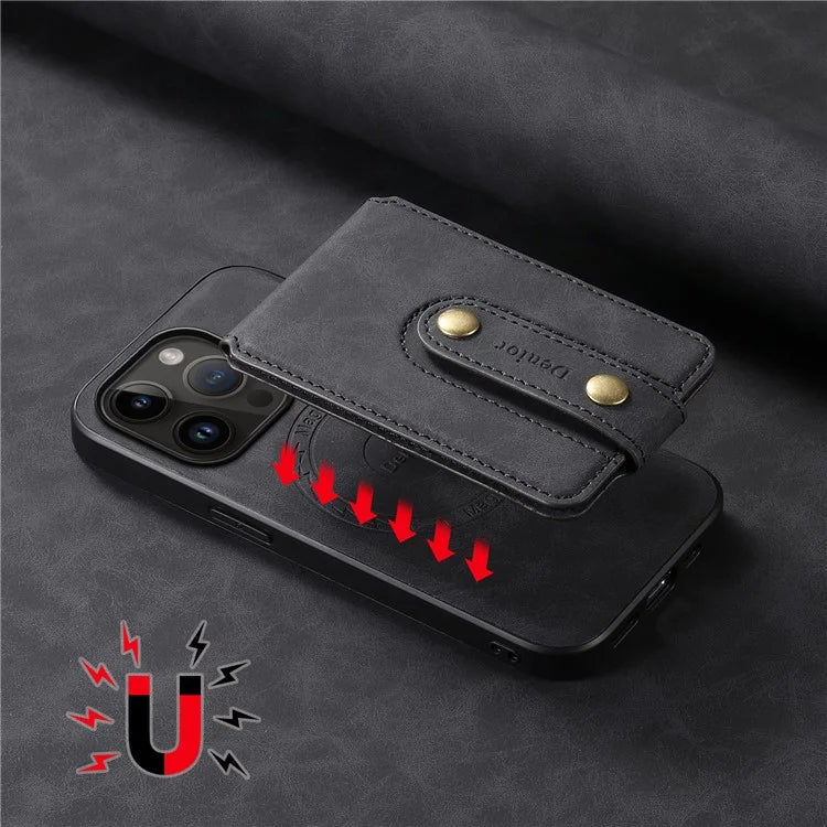 DENIOR D14 For iPhone 14 Pro Case Retro Leather Coated PC+TPU Kickstand Phone Cover Magnetic Detachable