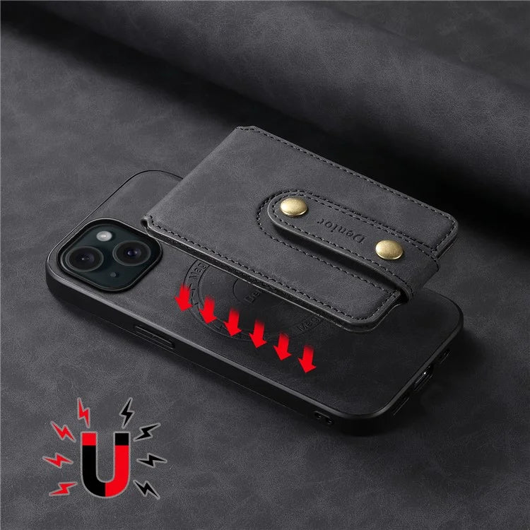 DENIOR D14 For iPhone 15 Magnetic Case Retro Leather+TPU+PC Cover with Detachable Card Holder