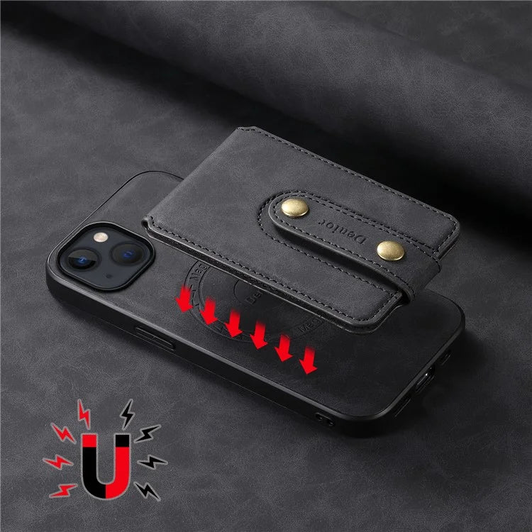 DENIOR D14 For iPhone 13 / 14 Case Retro PU+PC+TPU Kickstand Phone Cover with Magnetic Card Holder