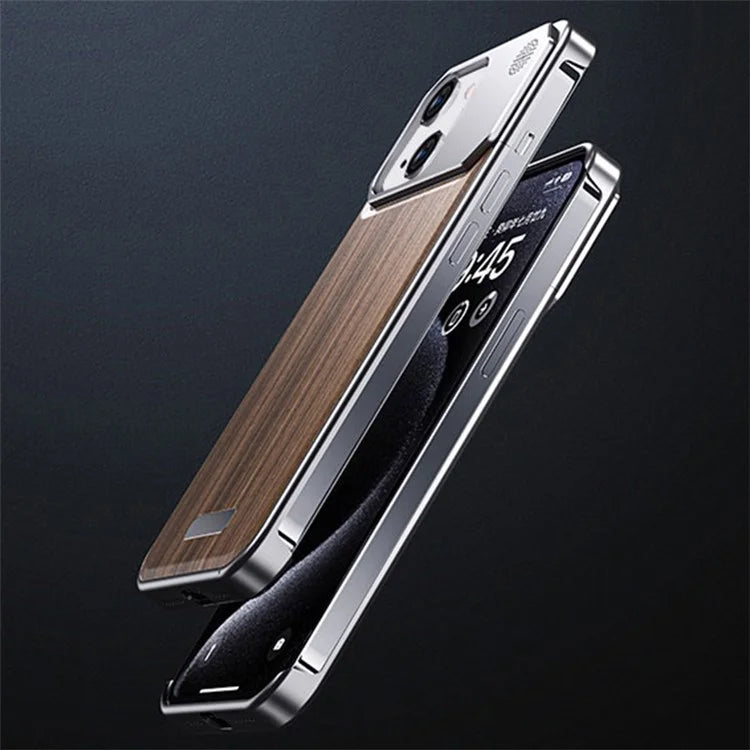For iPhone 13 Case No Frame Aluminium Alloy+Walnut Phone Back Cover with Aromatherapy Tablet