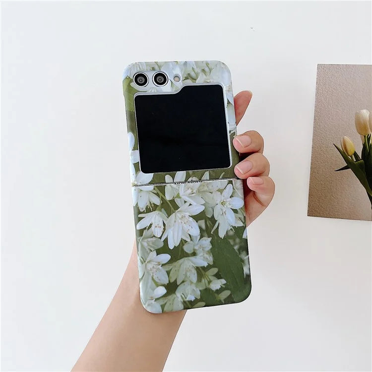 For Samsung Galaxy Z Flip5 5G Case Flowers Pattern Water Transfer Printing PC Cell Phone Back Cover