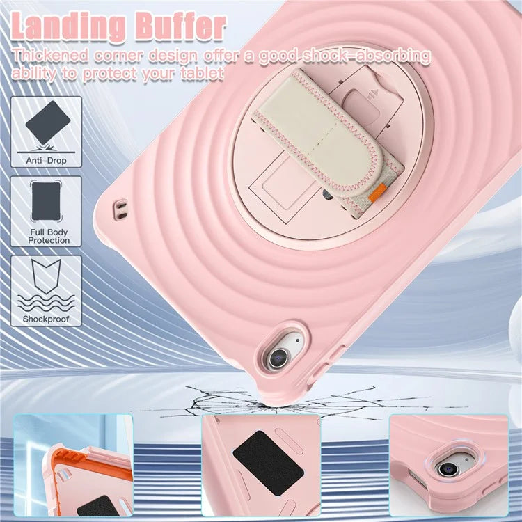 For iPad 10.9 (2022) Case Hand Strap Kickstand PC+Silicone+TPU Tablet Cover Round Ripples