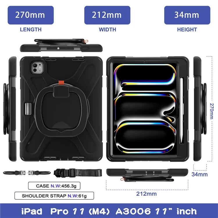 For iPad Pro 11 (2024) Case Kickstand PC+Silicone Tablet Cover with Shoulder Strap