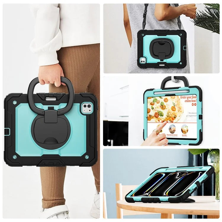 For iPad Pro 11 (2024) Case Hand Grip Kickstand Pen Slot PC+Silicone Tablet Cover with Strap / Black