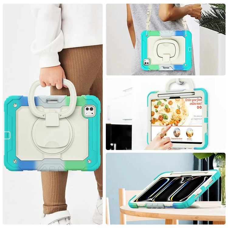 For iPad Pro 11 (2024) Case Tough Rugged PC+Silicone Tablet Cover with Rotating Kickstand / Shoulder Strap