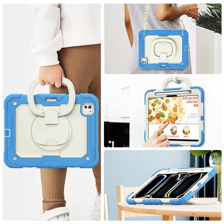 For iPad Pro 11 (2024) Case Kickstand PC+Silicone Tablet Cover with Pen Slot / Shoulder Strap