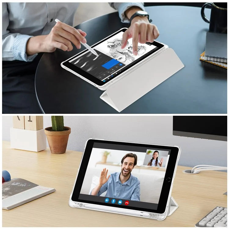 For iPad 10.2 (2021) / (2019) / (2020) Case Tri-Fold Stand Leather Tablet Cover with Pencil Holder