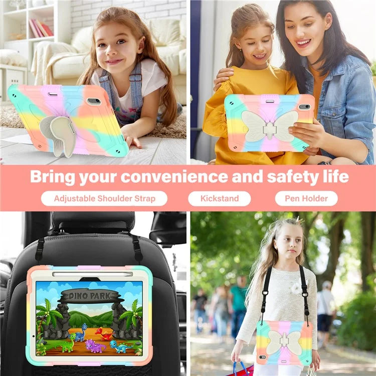 For iPad Air 11 (2024) Case Butterfly Kickstand Silicone+PC Tablet Cover with Shoulder Strap