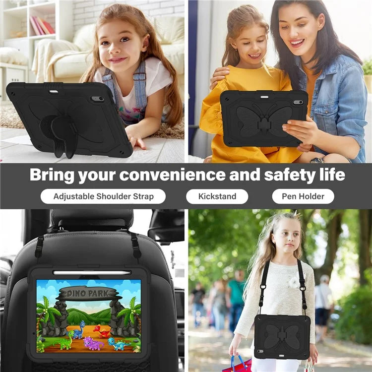 For iPad Air 11 (2024) Case with Shoulder Strap Silicone + PC Tablet Cover Butterfly Wings Kickstand