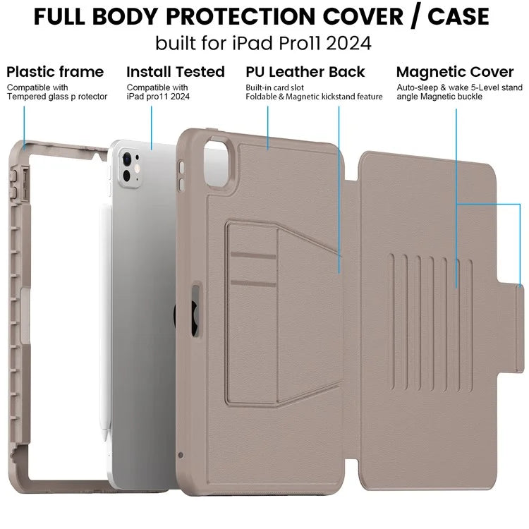 For iPad Pro 11 (2024) Style B Auto Wake / Sleep PU Leather Tablet Case Card Holder Stand Cover with Pencil Slot