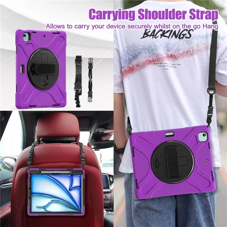 For iPad Air 13 (2024) Kickstand Case TPU+PC+Silicone Tablet Cover with Shoulder Strap