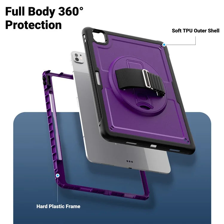 For iPad Pro 13 (2024) Case with Shoulder Strap PC+TPU Kickstand Tablet Cover