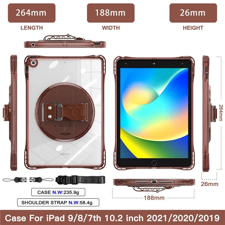 For iPad 10.2 (2021) / (2020) Kickstand Case Hand Strap PC+TPU+Acrylic Cover with Shoulder Strap