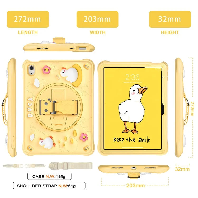 For iPad 10.9 (2022) Case with Shoulder Strap Duck Pattern Hand Strap Kickstand PC+Silicone+TPU Cover