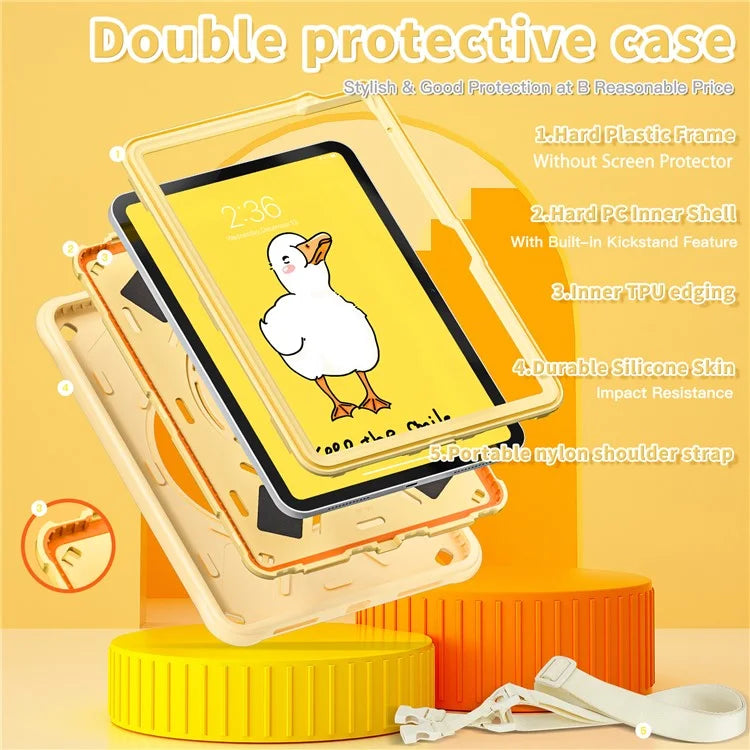 For iPad 10.9 (2022) Case with Shoulder Strap Cartoon Duck Kickstand PC+Silicone+TPU Tablet Cover