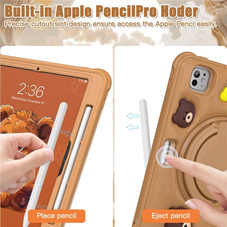 For iPad Pro 11 (2024) Case Kickstand PC+Silicone+TPU Cartoon Bear Tablet Cover
