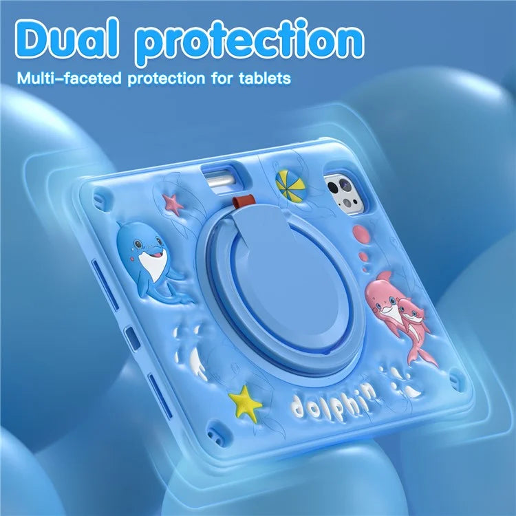 For iPad Pro 11 (2024) Case Cute Dolphin PC+Silicone+TPU Kickstand Tablet Cover