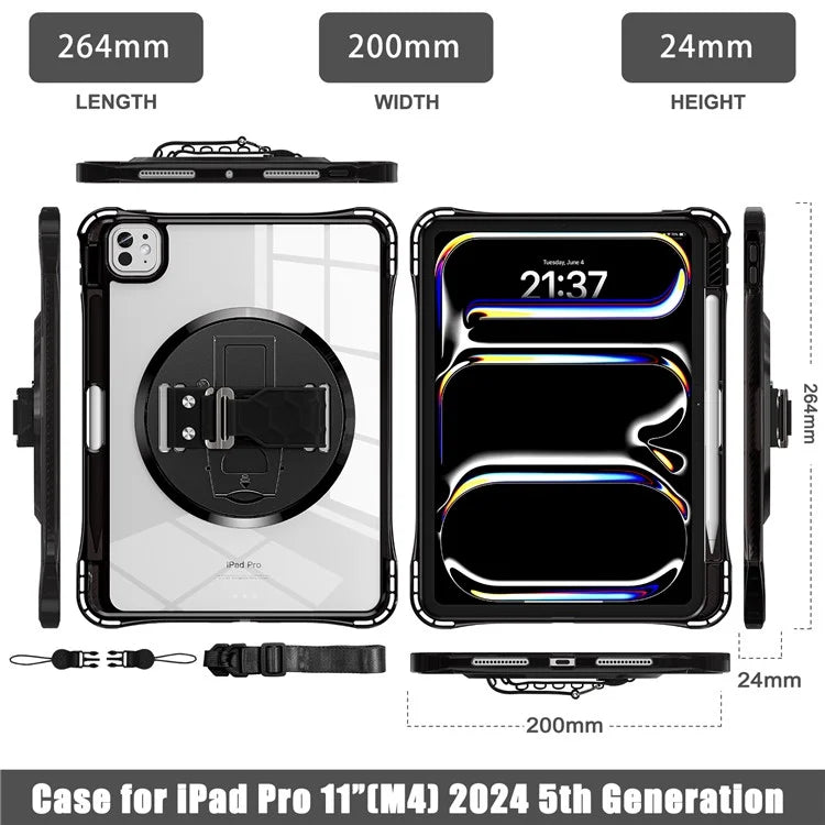 For iPad Pro 11 (2024) Kickstand Case Hand Strap PC+TPU+Acrylic Cover with Shoulder Strap