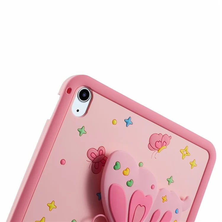 For iPad Air (2020) / (2022) Case Butterfly Kickstand Silicone Tablet Cover with Lanyard