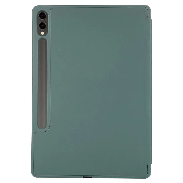 For Samsung Galaxy Tab S9+ / S9 FE+ Case Solid Color Tri-Fold Stand Anti-Drop PU Tablet Cover with Pencil Slotish Green