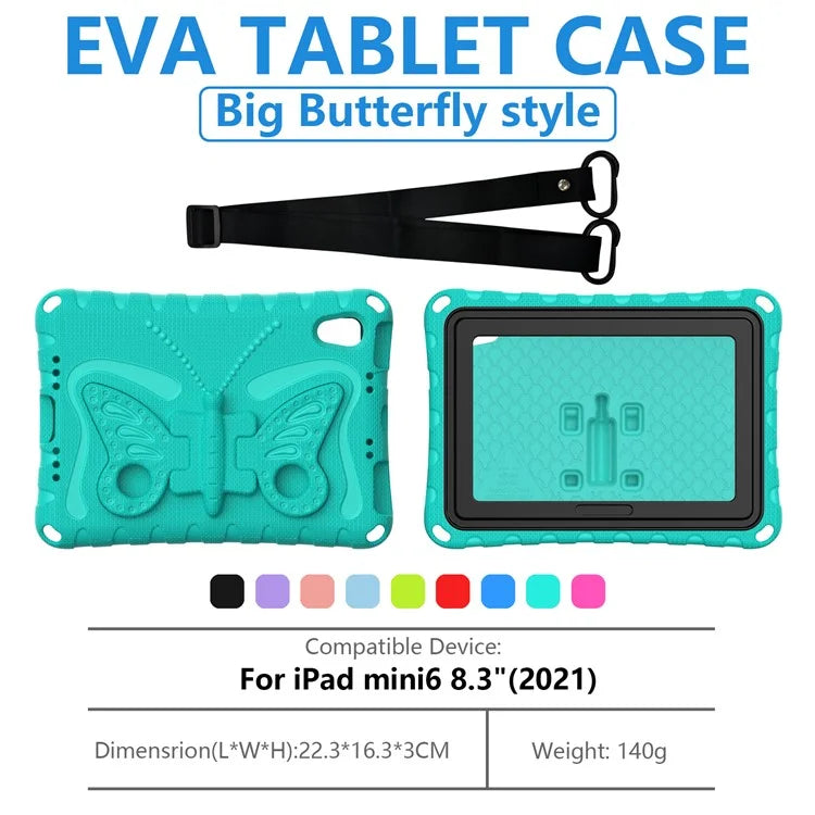 For iPad mini (2021) Case with Shoulder Strap Butterfly Kickstand Tablet EVA Cover