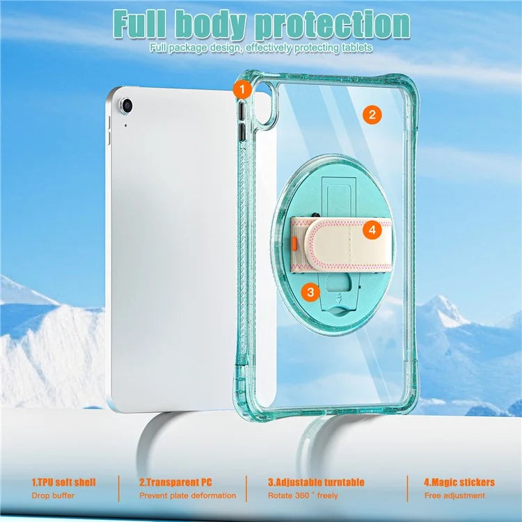 For iPad 10.9 (2022) Case Rotary Hand Strap Kickstand TPU+PC Clear Tablet Cover