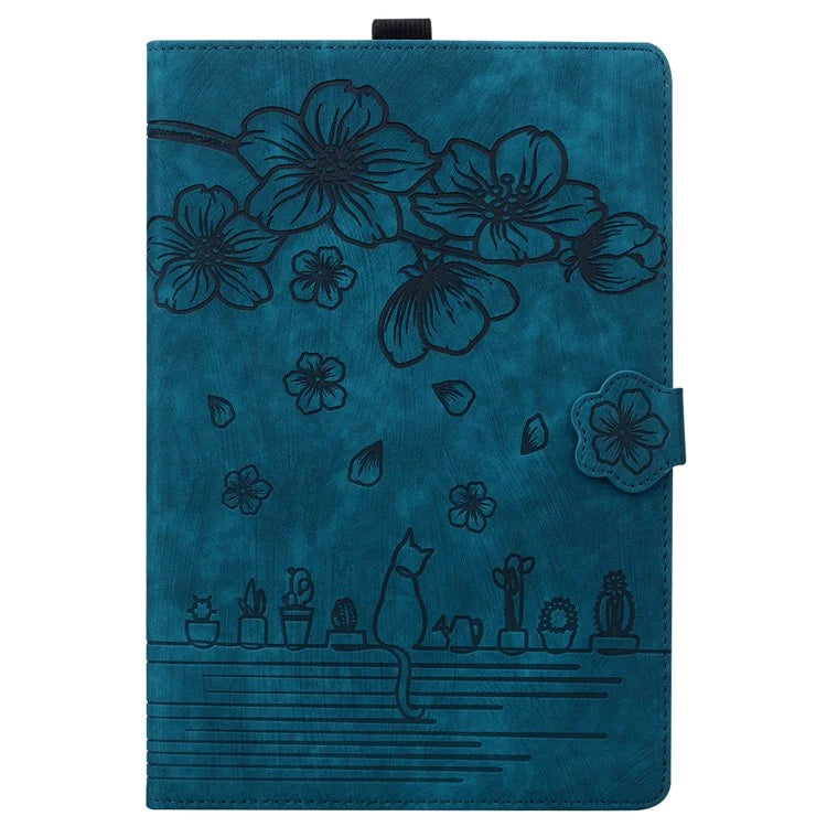 For iPad Pro 11 (2024) Case Card Slots Leather Tablet Cover Imprinted Flower Cat Pattern