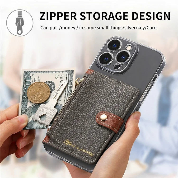 PU Leather Phone Card Bag Adhesive Kickstand Zipper Card Holder