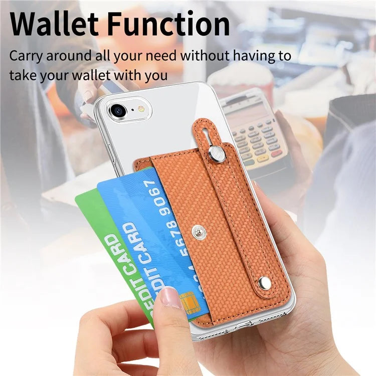 Carbon Fiber Phone Card Holder Wristband Kickstand Leather Card Bag with Card Knife