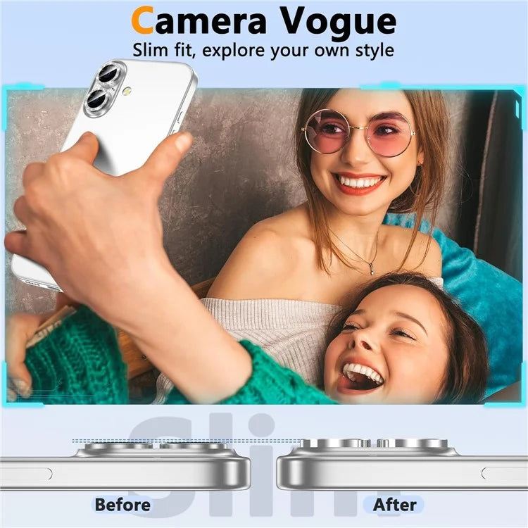 For iPhone 16 / 16 Plus Glitter Camera Lens Film Metal Ring+Tempered Glass Phone Lens Protector - Silver