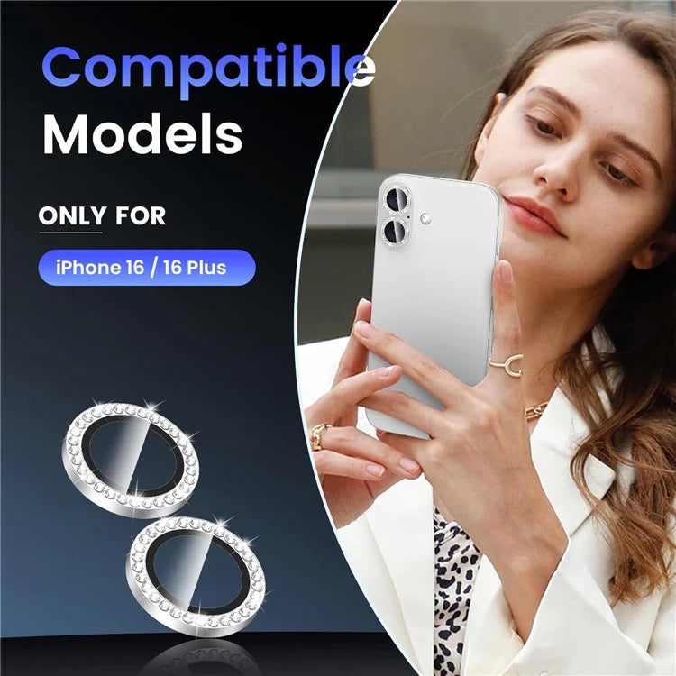 1Set For iPhone 16 / 16 Plus Camera Lens Protector Tempered Glass+Metal Ring Rhinestone Lens Film - Silver