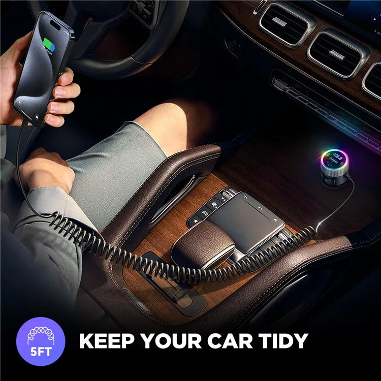 JOYROOM JR-CCB02 Black 60W Fast Charging Car Bluetooth Transmitter Audio Adapter with Spring Type-C Cable