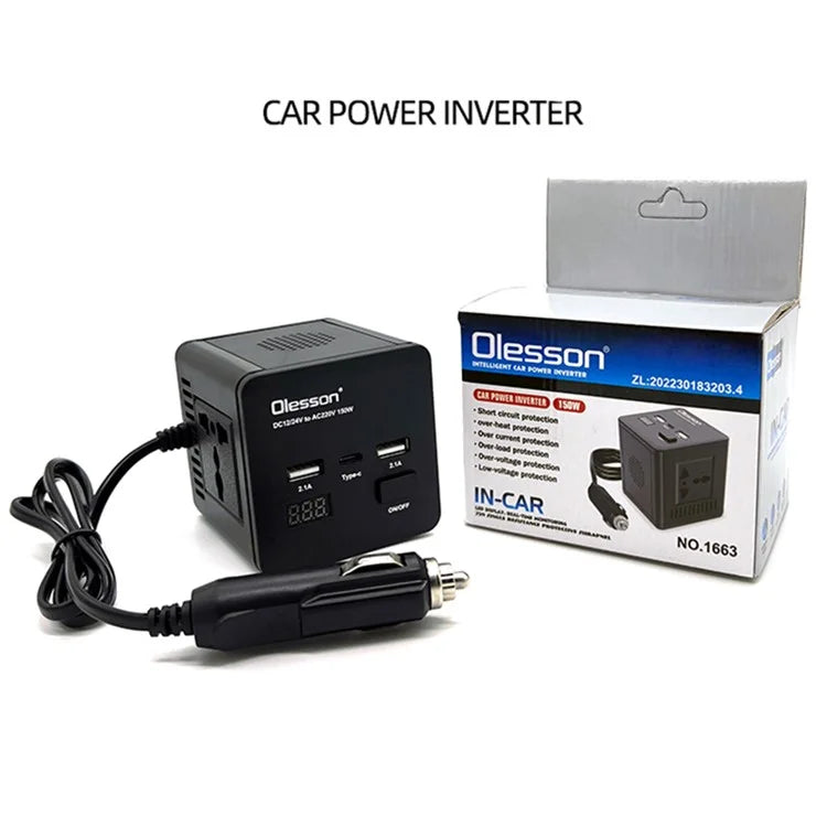 1663 Car Power Inverter 150W Power Socket 2Type-C+2USB Car Charger with LED Digital Display