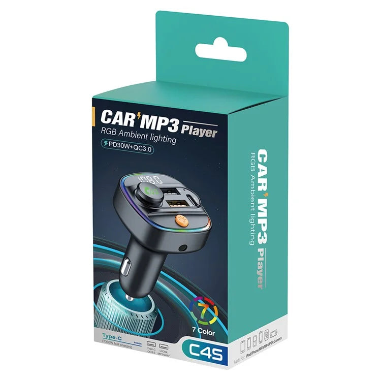 C4S Bluetooth 5.3 FM Transmitter with Digital Display for Car PD 30W+QC 3.0 Car Charger Audio MP3 Player