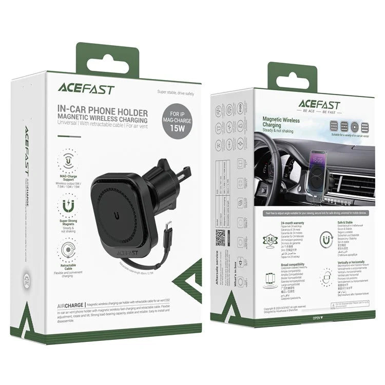 ACEFAST D32 Phone Wireless Charger Car Air Vent Phone Charger with Retractable Cable