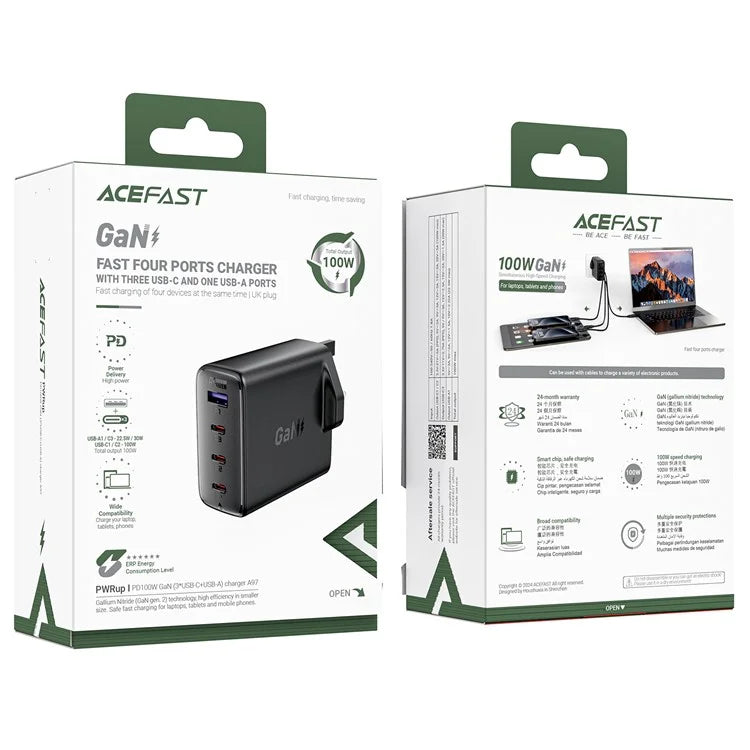 ACEFAST A97 PD 100W GaN Charger Adapter 3 Type-C+USB-A Wall Charger (UK Plug)