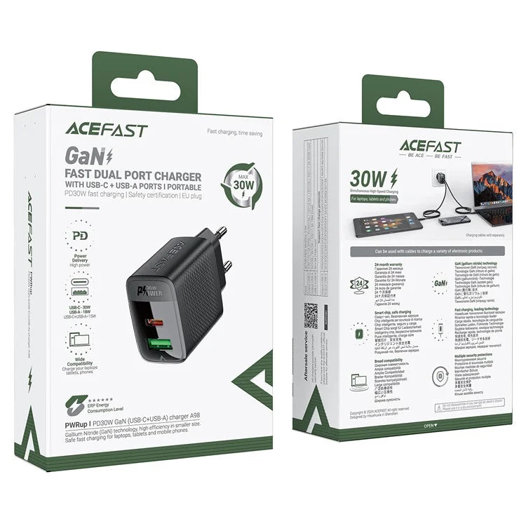 ACEFAST A98 PD 30W GaN Wall Charger Type-C+USB-A EU Plug Charger Block, EU Plug