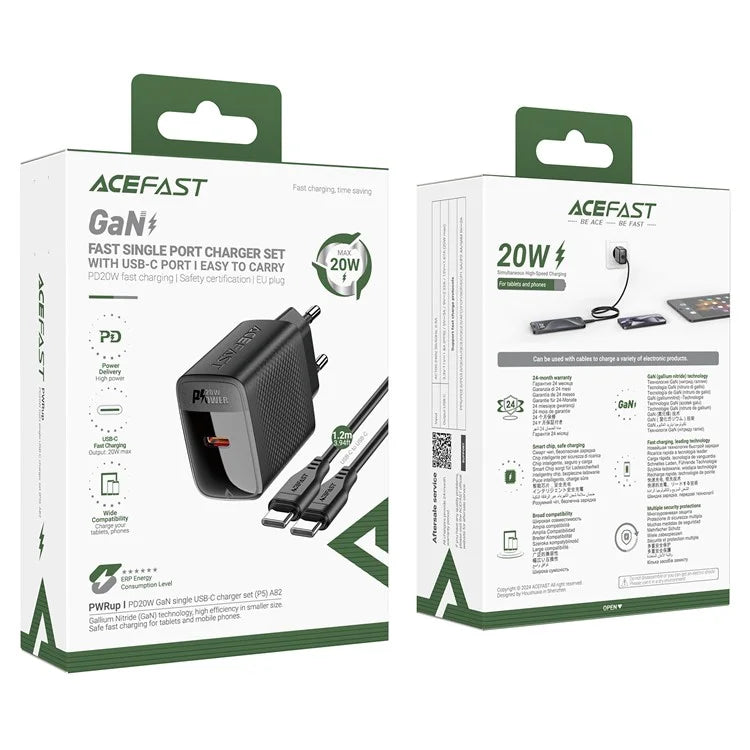 ACEFAST A82 PD 20W GaN Single USB-C Charger Set (P5) with 1.2m Type-C to Type-C Cable (EU Plug)