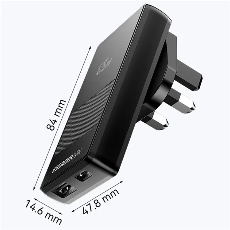 ESSAGER 65W Ultra Thin GaN Travel Charger Type-C + USB-A Dual Port Adapter with Detachable Plug